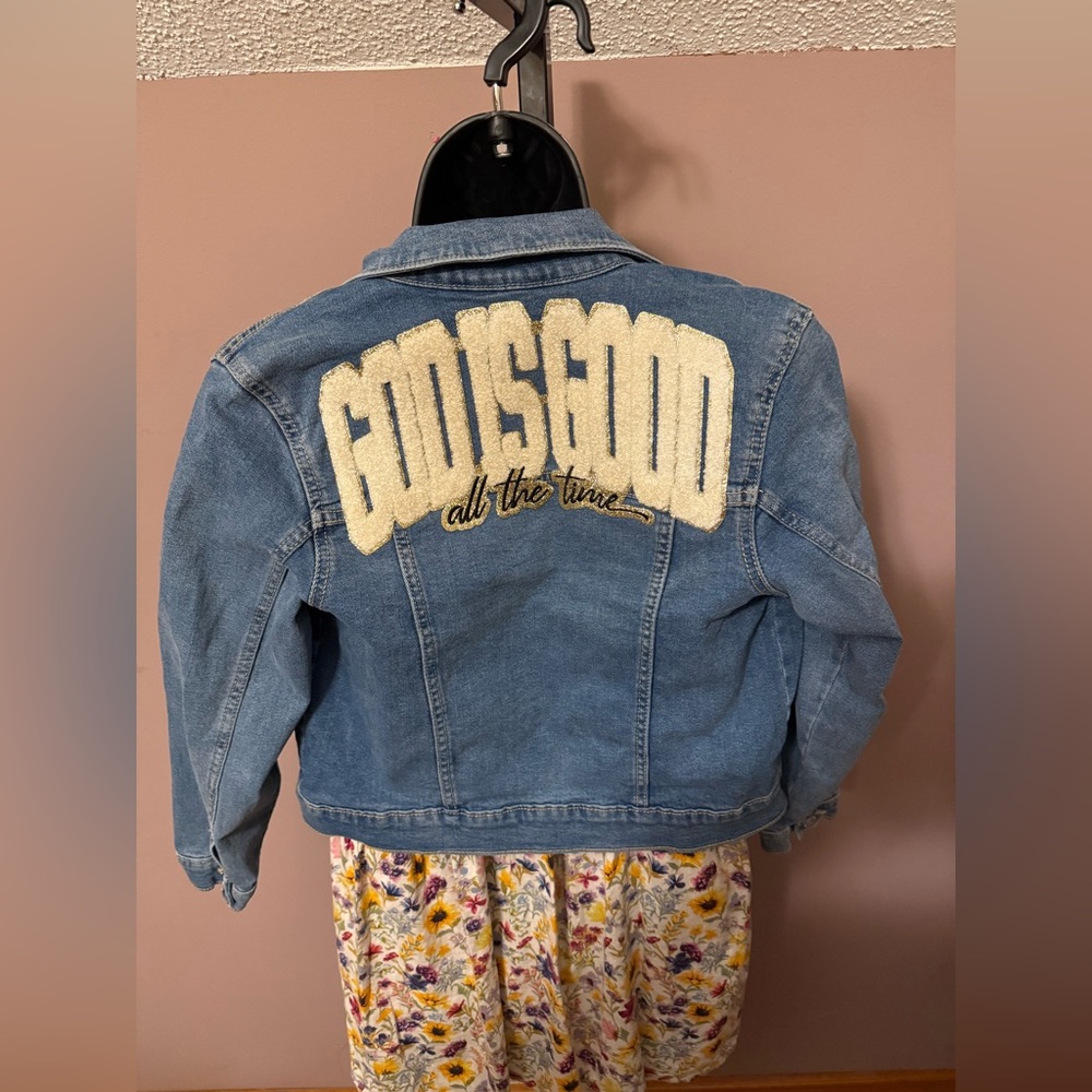 Custom Girls size L Jean jacket God is Good All the Time, Chenille Patch
